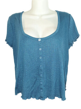 Torrid Blue Ribbed Button-Front Short Sleeve Tee Size 0X cropped
